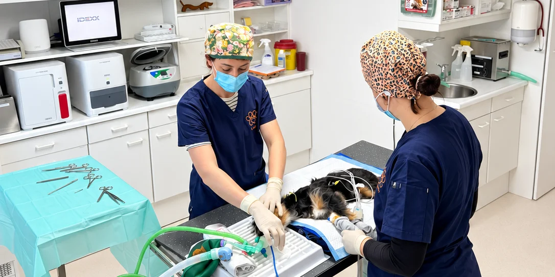 Twee medewerkers van Dierenkliniek Waddinxveen begeleiden een hond onder narcose in de operatiekamer
